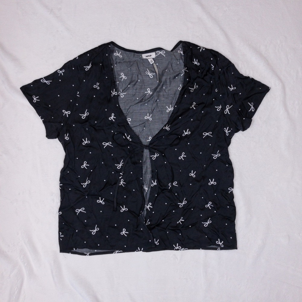Aerie Off Duty Satin Tie Front Pajama Shirt Womens Medium Black Bows New
